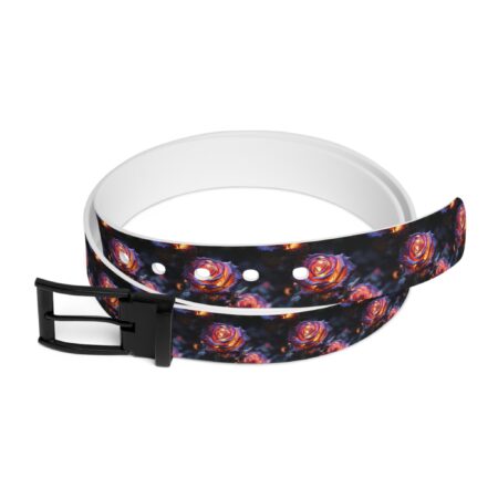 All over print belt showcasing a dark pattern of fiery red and orange roses with glowing centers and purple accents.