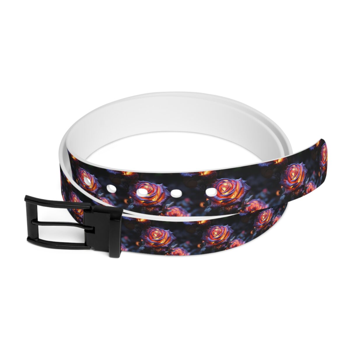 All over print belt showcasing a dark pattern of fiery red and orange roses with glowing centers and purple accents.