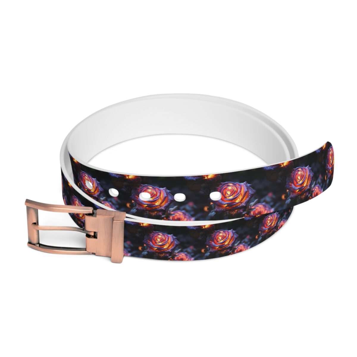Flaming rose all over print sublimation belt, featuring a seamless dark floral wrap around graphic.