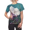 All over print sublimation tee featuring a large white lily and vibrant purple flowers against a dark teal botanical background.