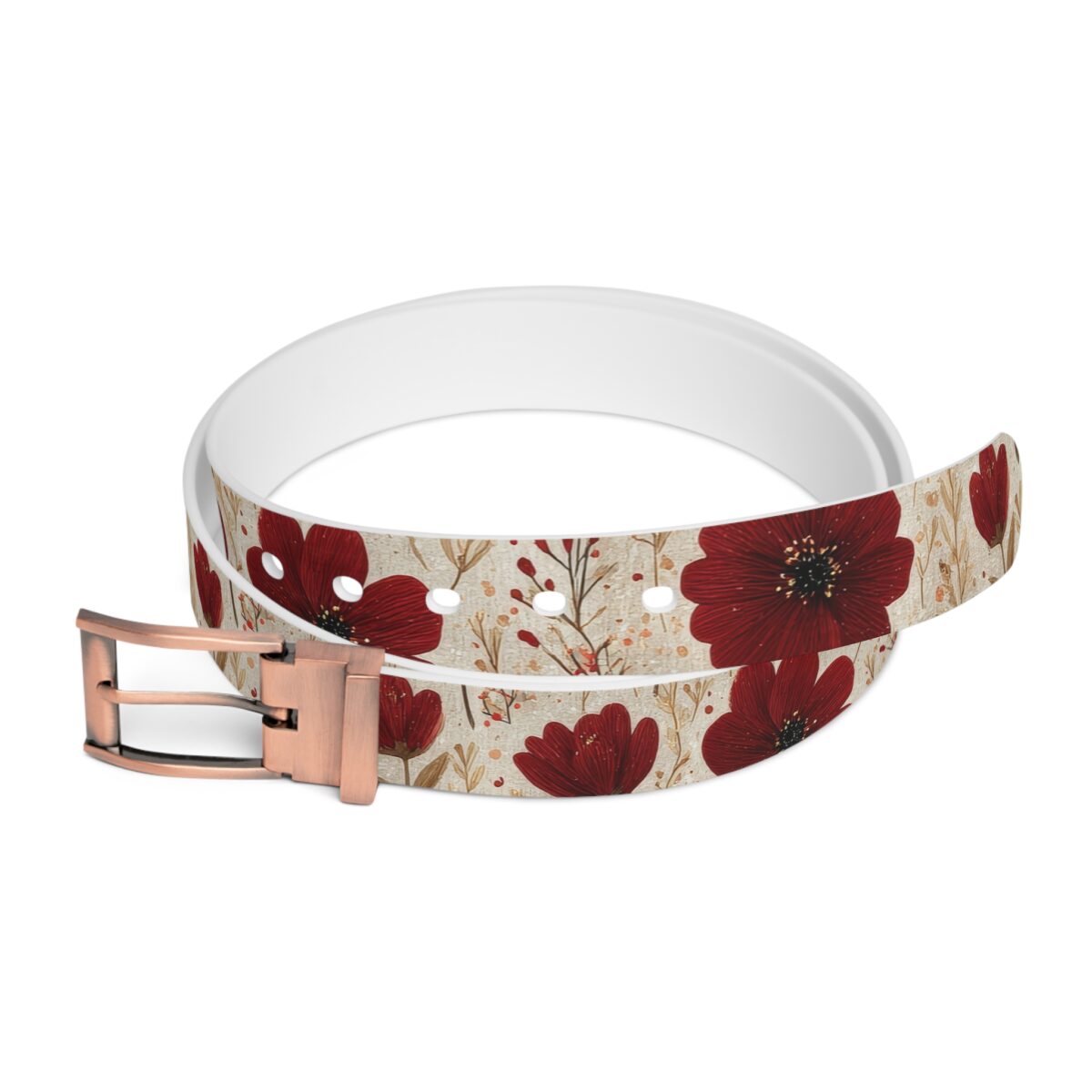Cream belt with a repeating dark red floral and botanical print, featuring a copper buckle.