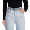 Blue and cream floral pattern belt with metal buckle.