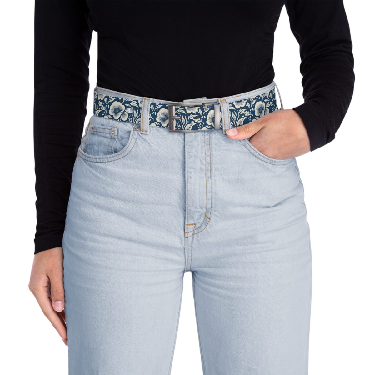 Blue and cream floral pattern belt with metal buckle.