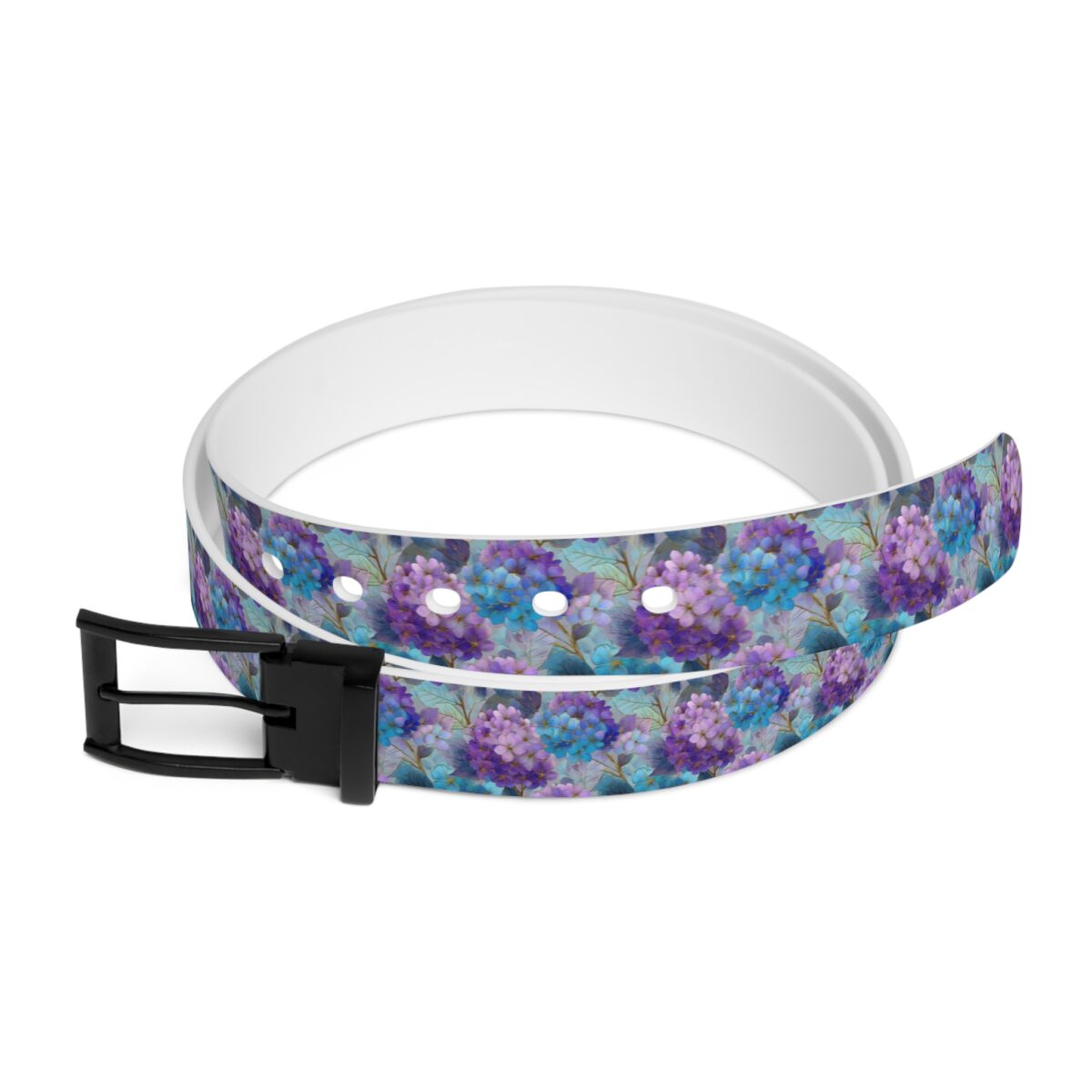 Belt with a seamless all-over print of purple and blue hydrangeas and green leaves, featuring a black buckle.