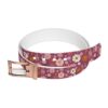 Plum belt with a seamless all-over print of retro floral flowers in pink, white, and orange hues, featuring a rose gold buckle.