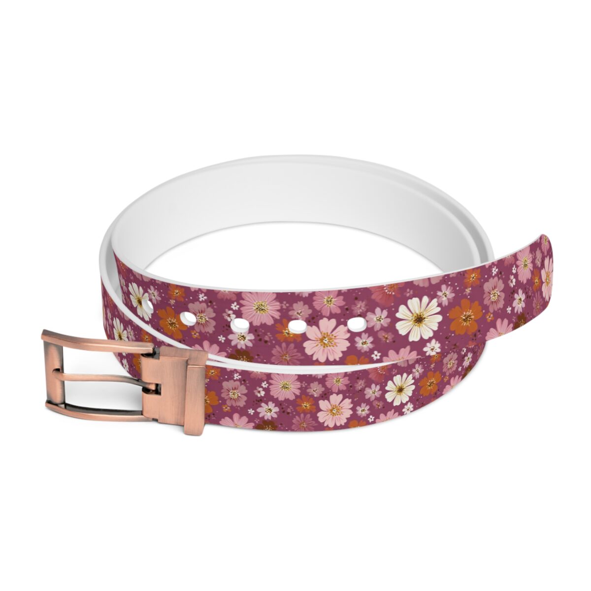 Plum belt with a seamless all-over print of retro floral flowers in pink, white, and orange hues, featuring a rose gold buckle.