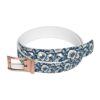 Blue belt with a cream floral pattern and rose gold buckle.