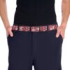 Burgundy belt with all over print of small pink, white, and orange flowers and leaves.