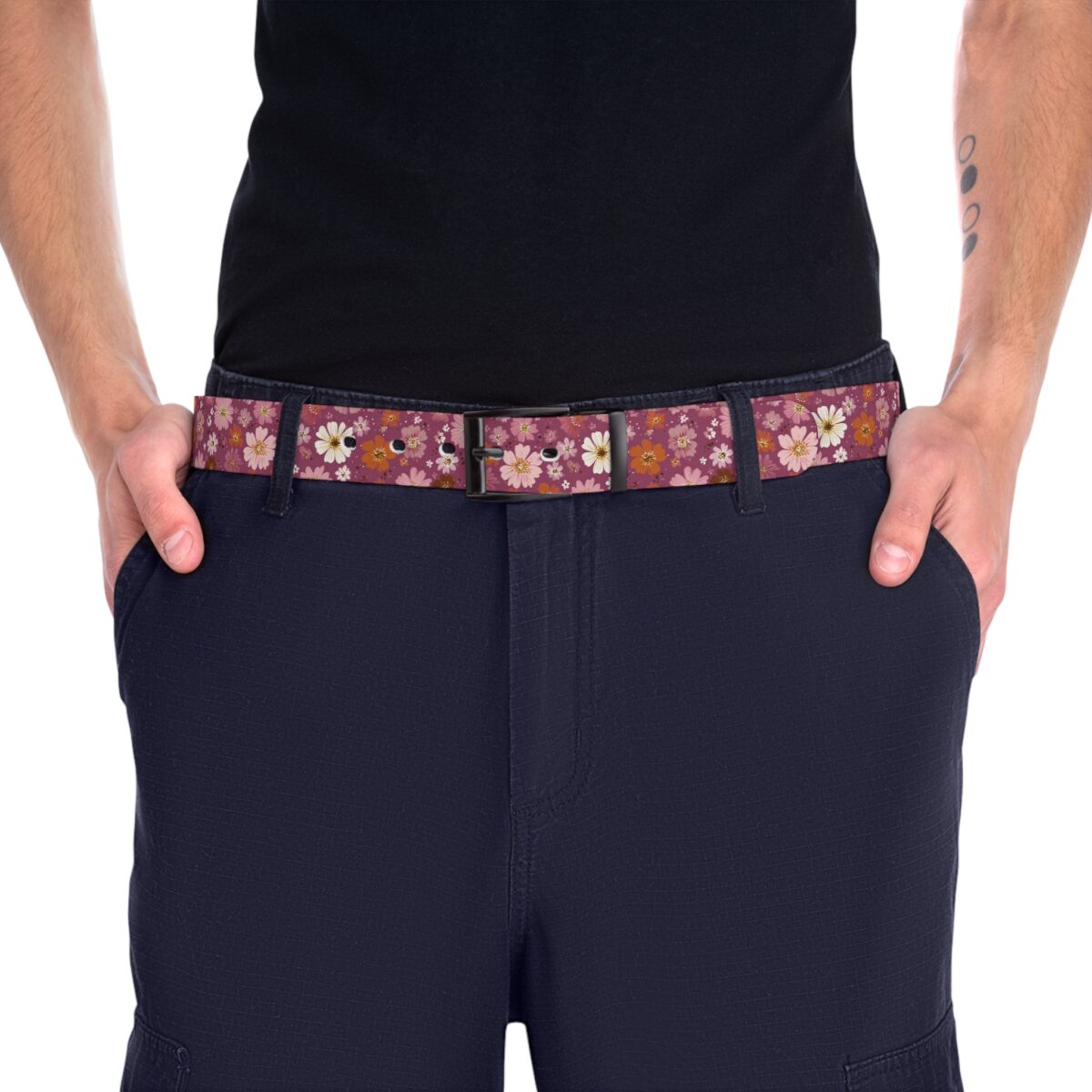 Burgundy belt with all over print of small pink, white, and orange flowers and leaves.