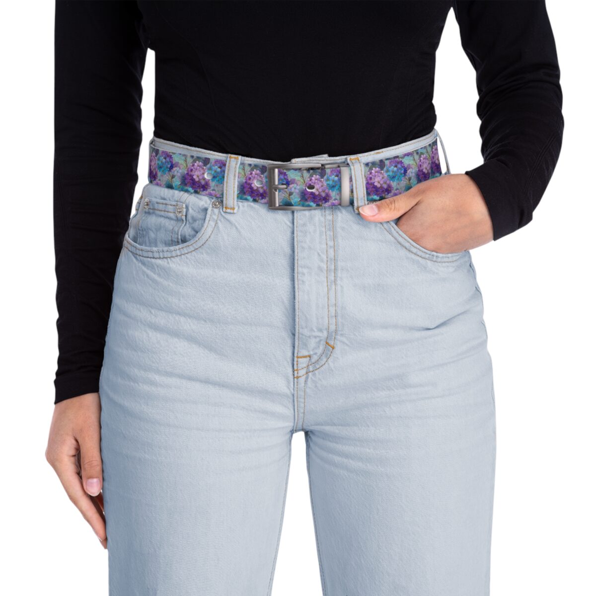 Light blue jeans belt with a purple and blue floral pattern, featuring a silver buckle.