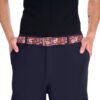 Rose floral print webbing belt featuring white and pink daisy-like flowers with orange accents and a rose gold buckle.