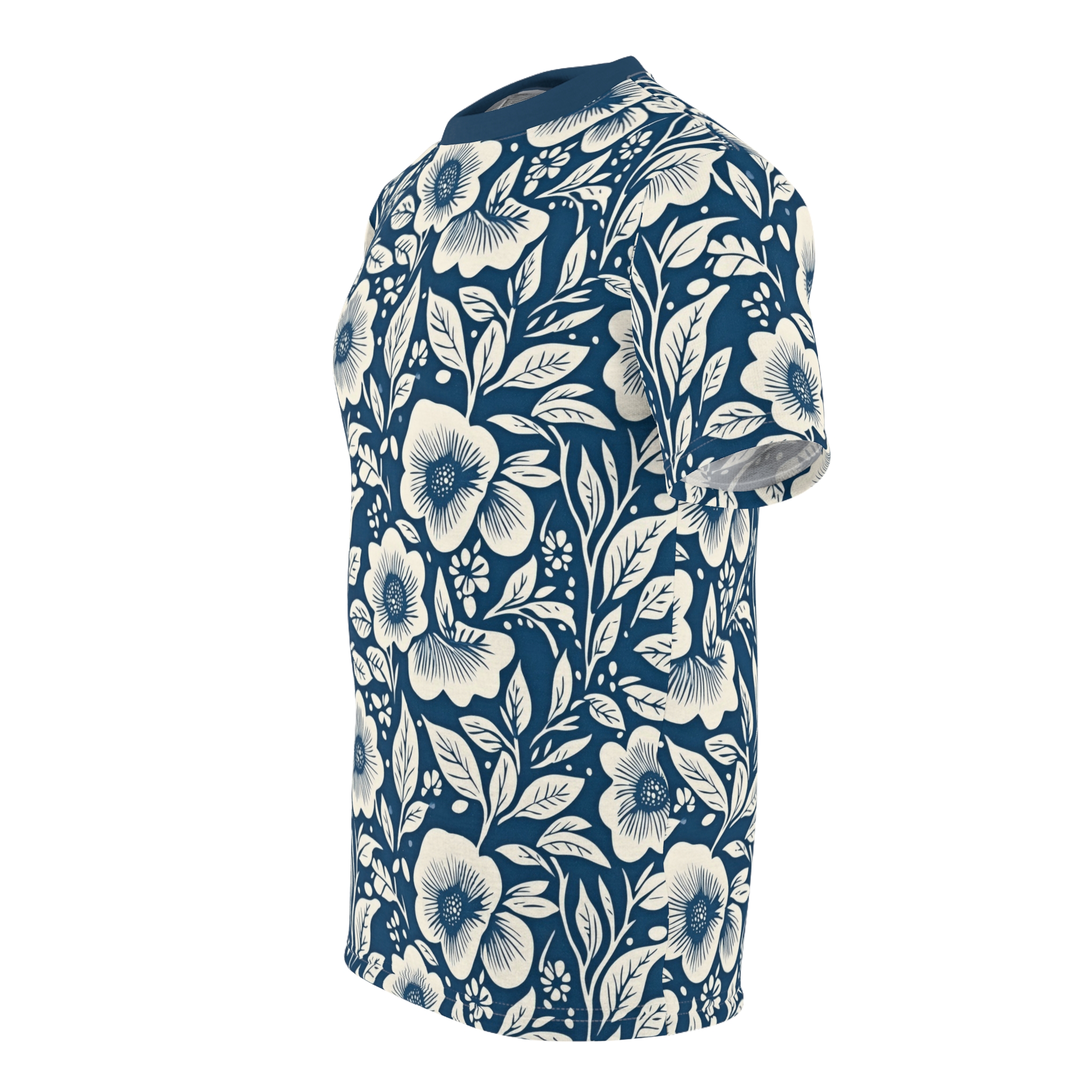 Cream-colored flowers and leaves on a navy blue background cover this sublimation graphic tee, with a dense floral pattern.
