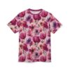 Vibrant pinks, purples, and peaches in watercolor floral patterns cover this unisex tee, featuring poppies and anemones on a light pink background.