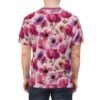 Pink and purple poppies and tulips in watercolor detail cover this full print shirt, set against a soft pink background with delicate green leaves.