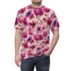 Vibrant pink, purple, and cream poppies cover this sublimation graphic tee, with delicate green stems and dark centers.