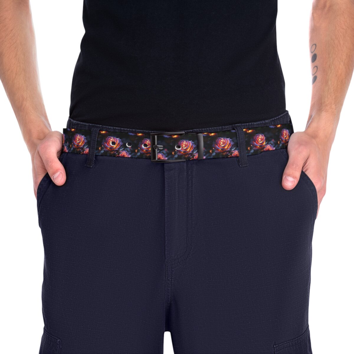 All over print belt featuring a seamless pattern of glowing red and orange roses with dark foliage.