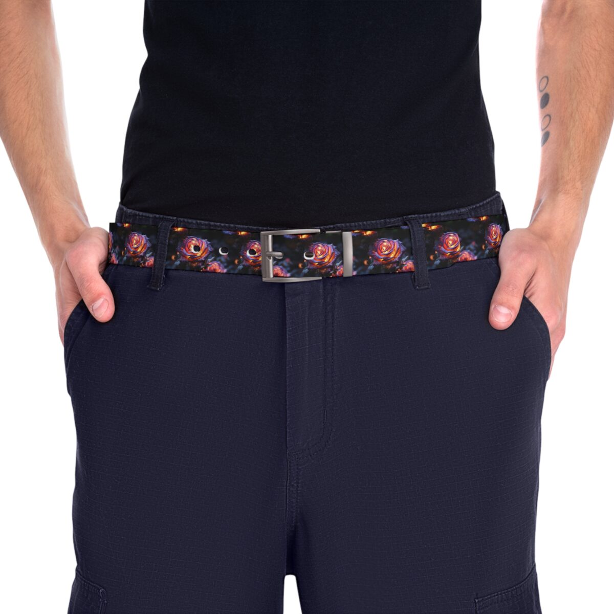 Intense glowing rose all-over print sublimation belt with dark background and metallic buckle.