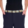 Golden retriever puppies and tabby kitten wear a floral print belt with daisies and forget-me-nots.