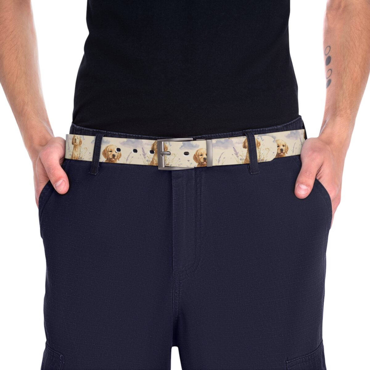 Golden Retriever puppies with lavender and wildflowers on a seamless all over print sublimation belt.