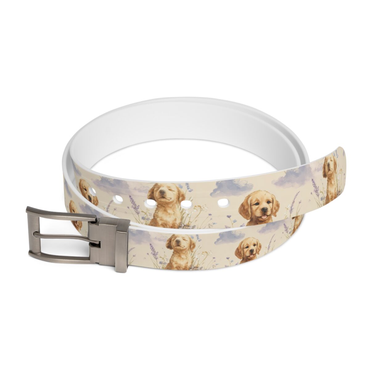 Cute golden retriever puppies in a field of lavender and clouds, all over print sublimation belt.