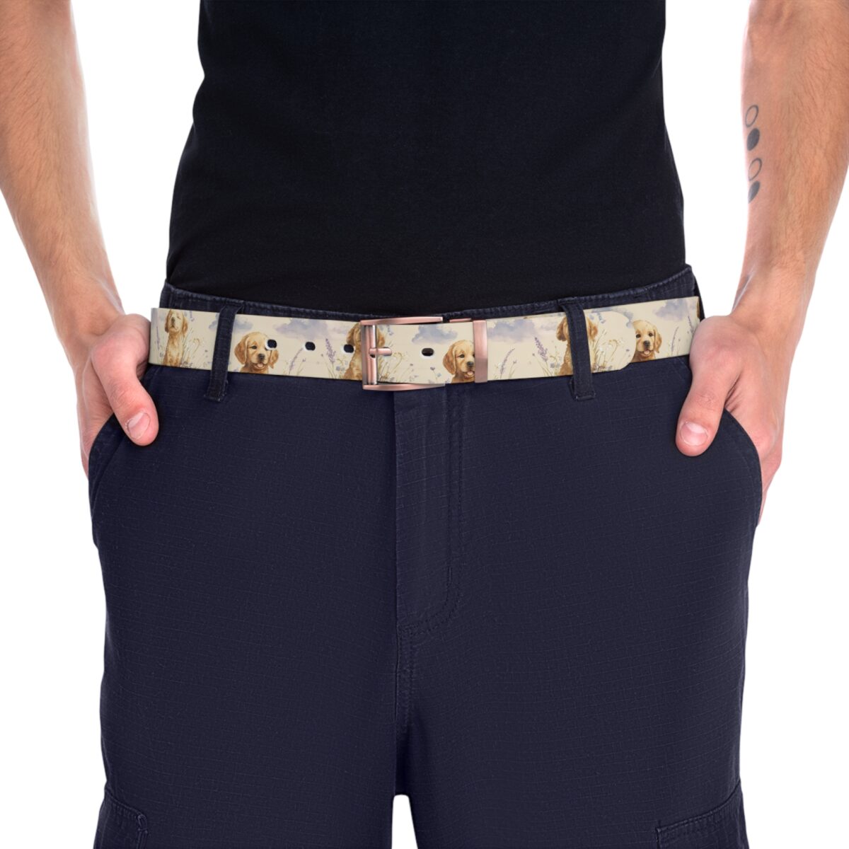Golden Retriever puppy all over print sublimated belt with lavender flowers and sky background.