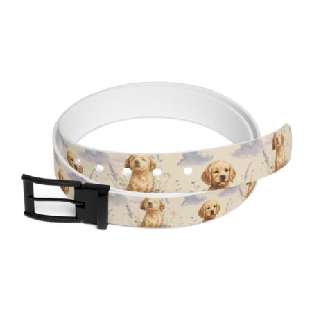 Cute golden retriever puppies and lavender graphic all over print sublimation belt with black buckle.