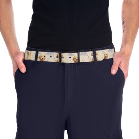Golden retriever puppies in lavender field all over print sublimation belt featuring a seamless wrap around graphic.