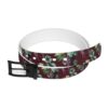 Burgundy belt with a repeating pattern of purple grape clusters and green leaves. Features a black buckle.