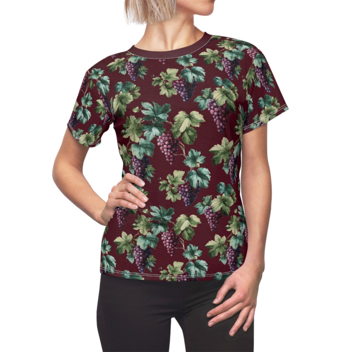 Dark red all over print t-shirt featuring a vintage grapevine and grape clusters sublimation graphic.