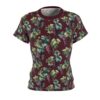 Burgundy all over print t-shirt featuring a seamless vintage grapevine and grape cluster graphic. Sublimation tee with wrap around botanical design.