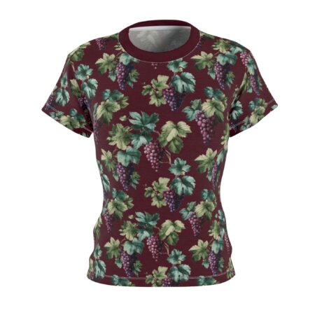 Burgundy all over print t-shirt featuring a seamless vintage grapevine and grape cluster graphic. Sublimation tee with wrap around botanical design.