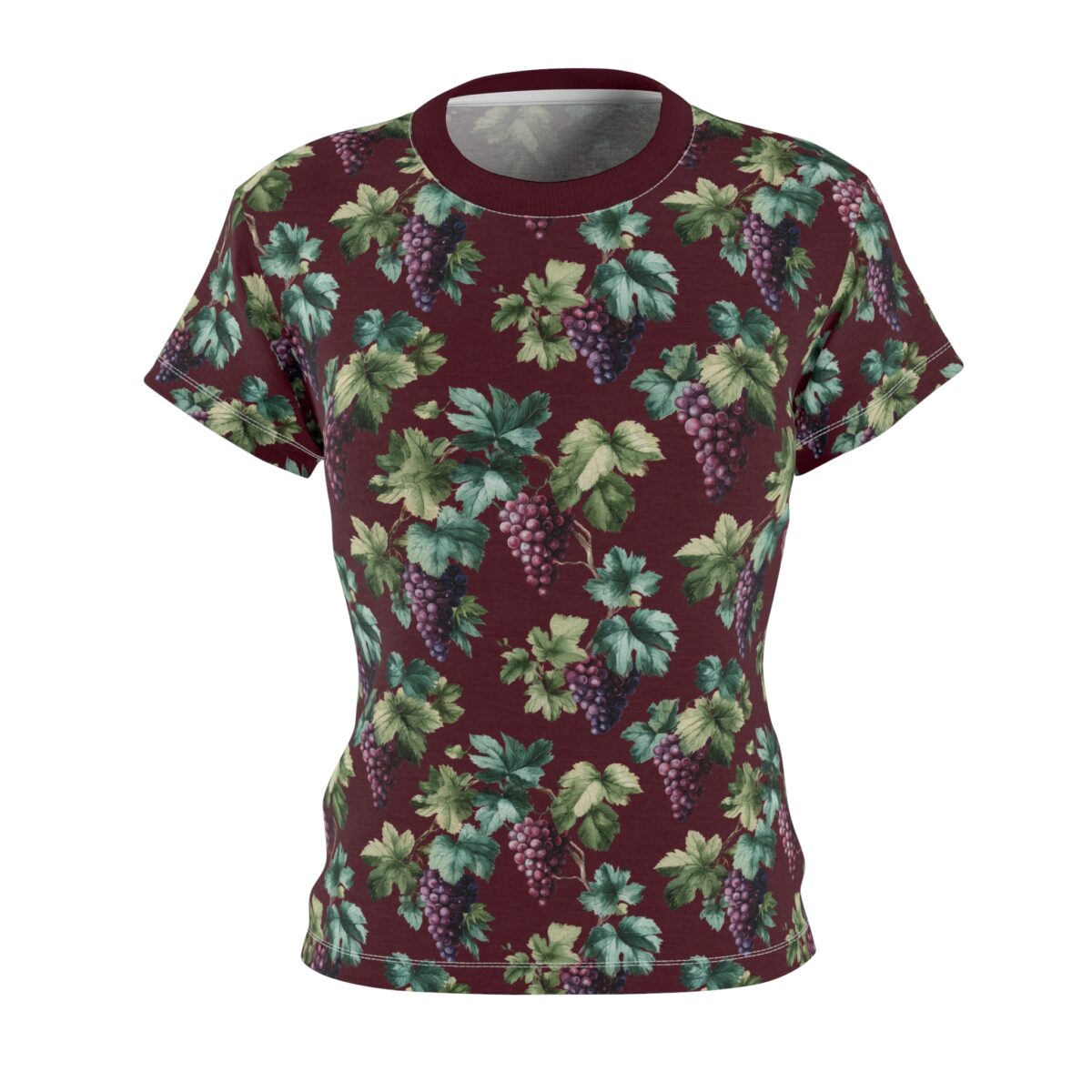 Burgundy all over print t-shirt featuring a seamless vintage grapevine and grape cluster graphic. Sublimation tee with wrap around botanical design.