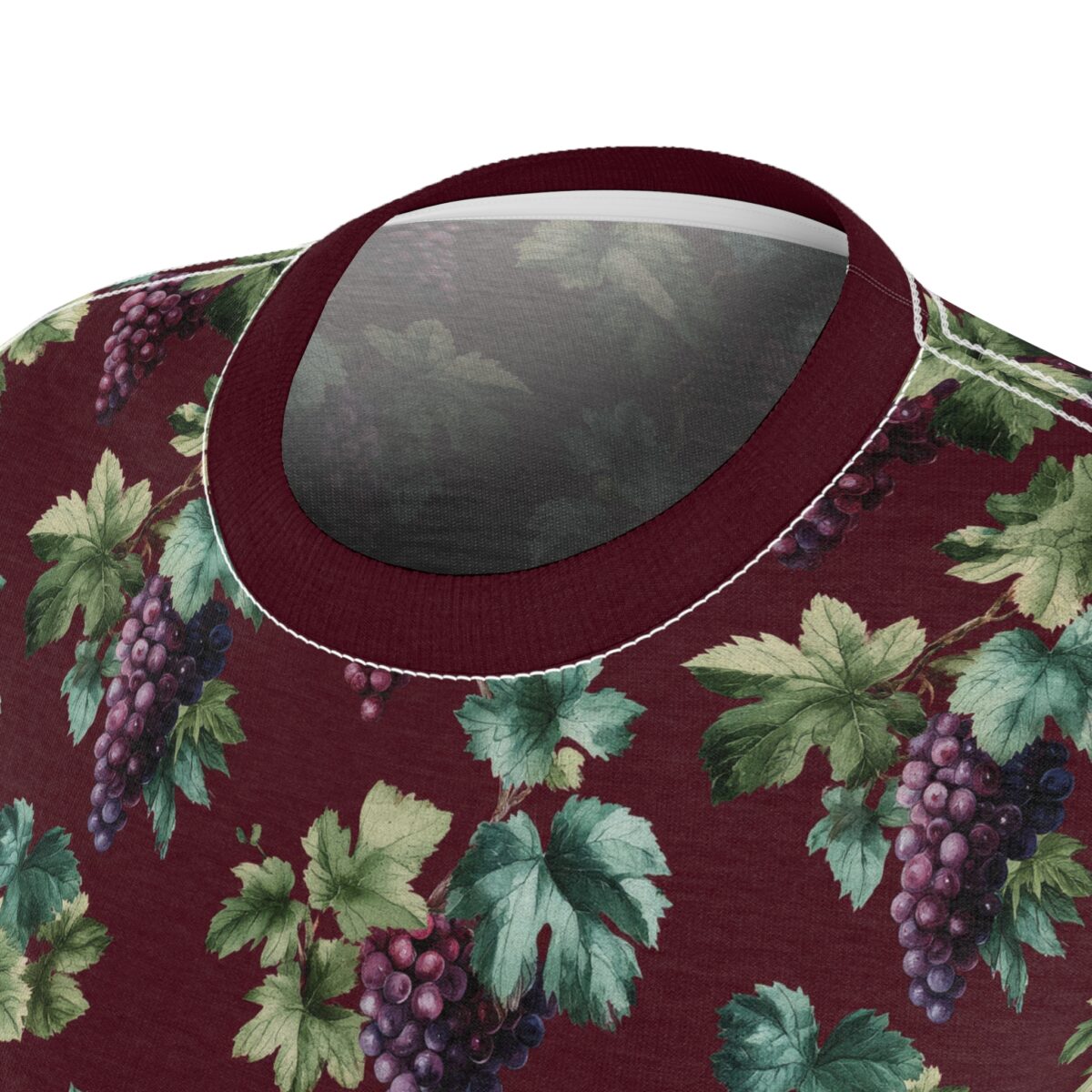All over print t-shirt featuring a vintage grapevine graphic with purple grapes and green leaves on a maroon background.
