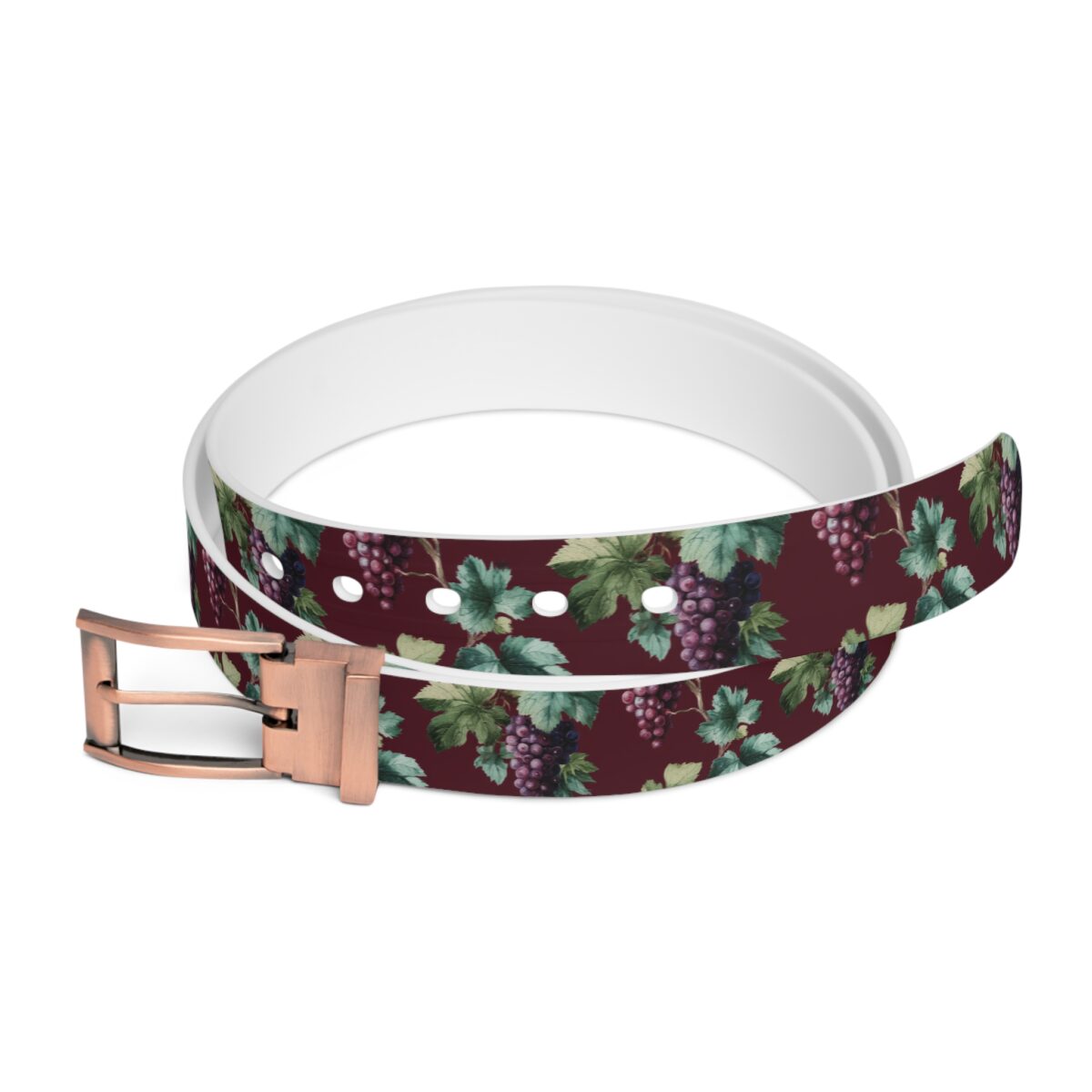 Burgundy belt with all over print of realistic purple grapes and green leaves. Features a brushed copper buckle.