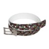 Fashion belt with all over print of purple grapes and green leaves on a burgundy background, featuring a silver buckle.