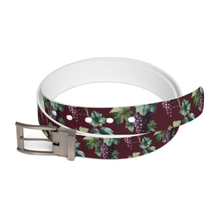 Burgundy belt with a seamless vintage grapevine pattern featuring purple grapes and green leaves. Includes a silver buckle.