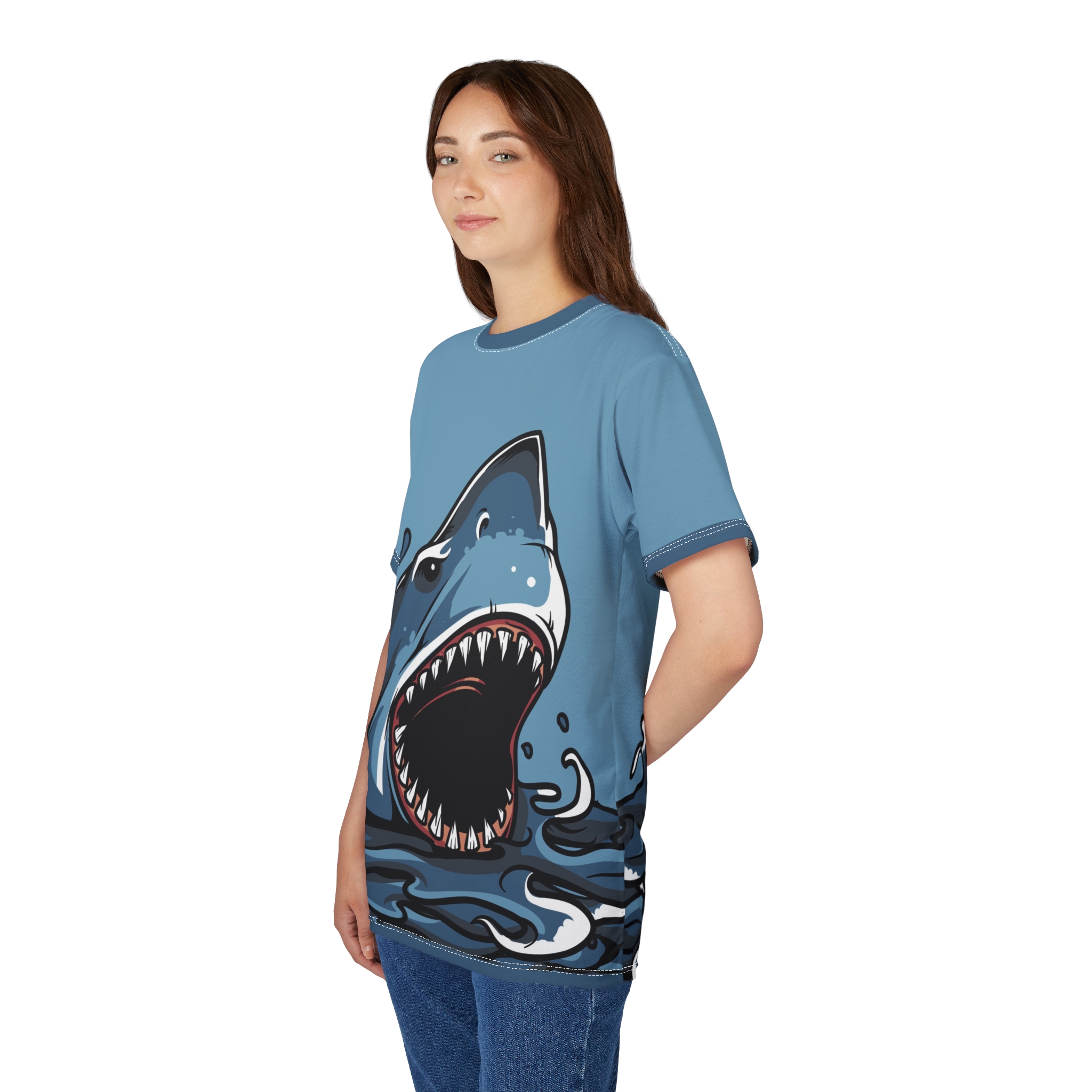 Sharp teeth and dark water patterns cover this seamless pattern tee, depicting a great white shark's head emerging from the ocean.