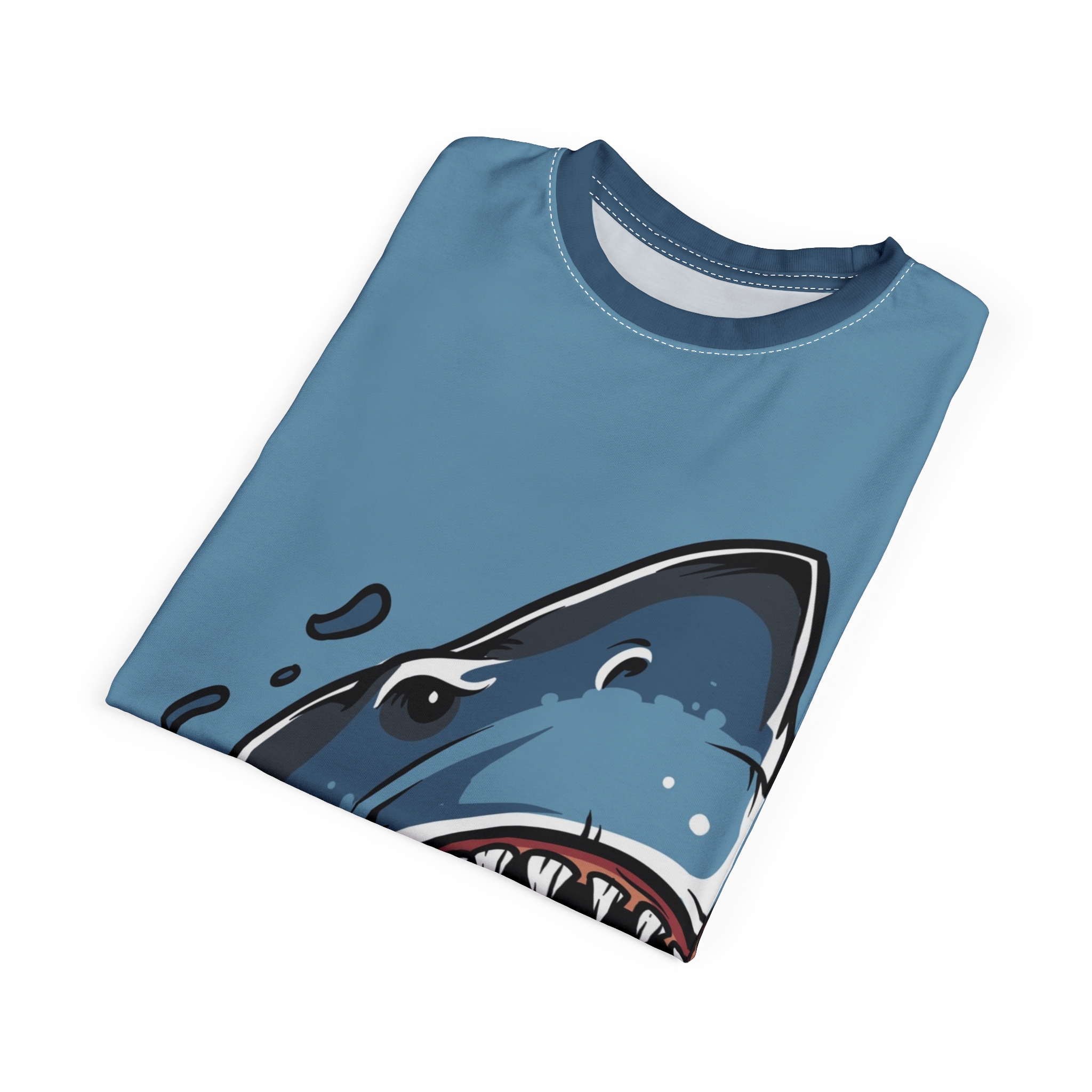 Fierce great white shark teeth and eye on a blue background with water splashes cover this seamless pattern tee.