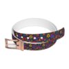 Colorful all over print belt featuring retro flowers and peace signs with a rose gold buckle.