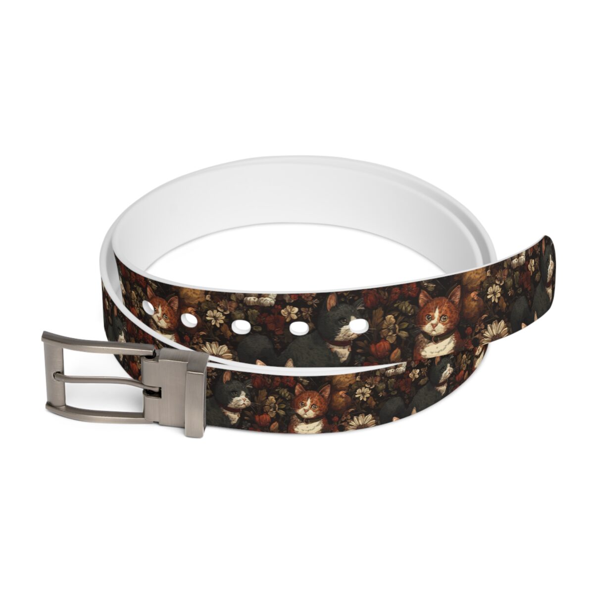 All over print belt featuring a dark floral pattern with adorable kittens and vintage blooms.