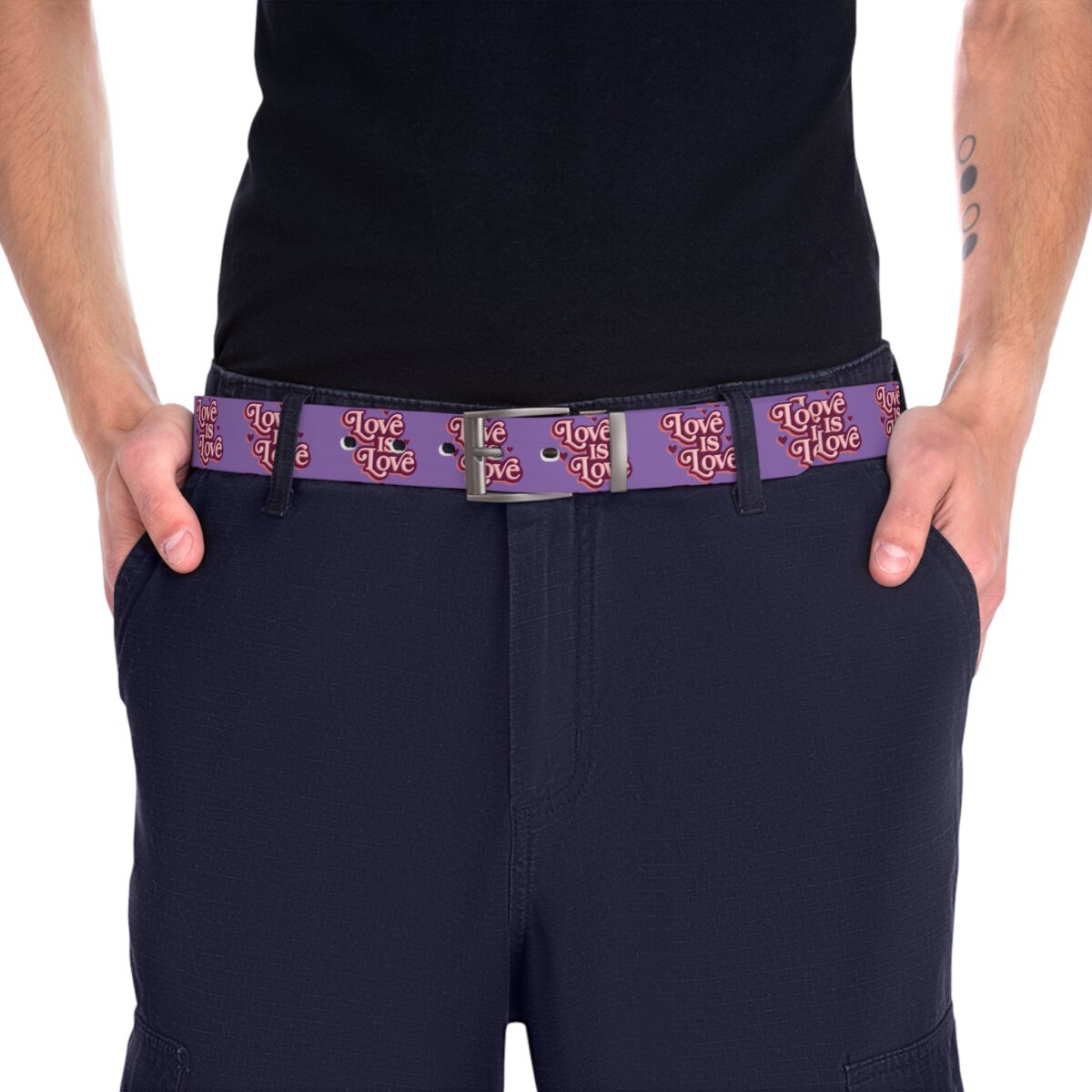 Lavender belt with repeating 'Love Is Love' text and heart graphics, featuring a metal buckle.