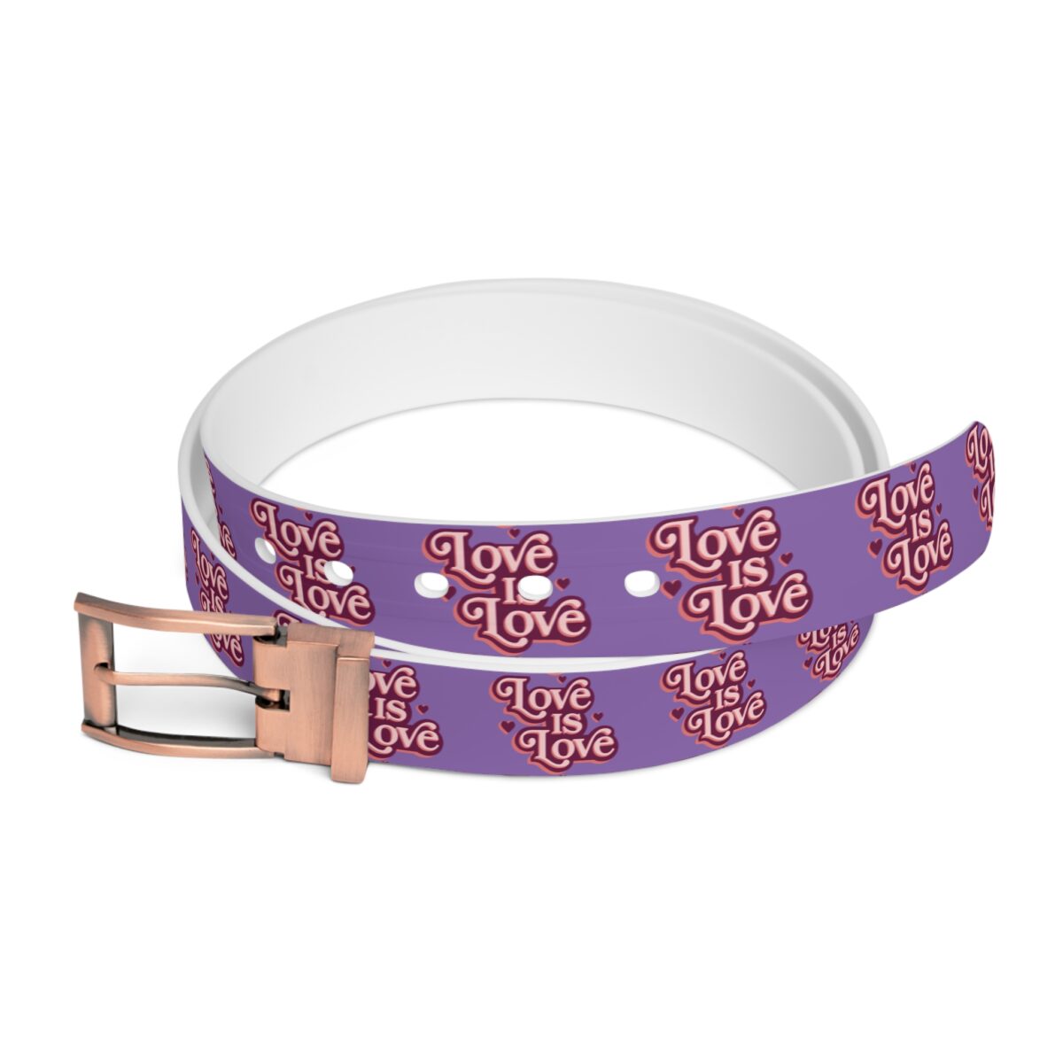 Purple belt with all-over print 'Love Is Love' text and heart graphics, featuring a rose gold buckle.