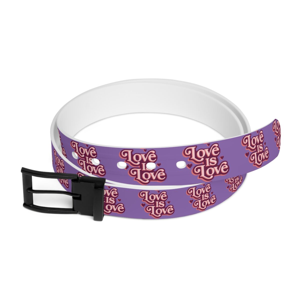 Pride flag colors belt with 'Love is Love' repeating graphic and black buckle.