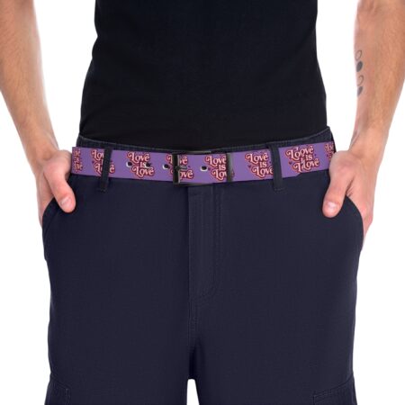 Purple belt with repeating 'Love Is Love' graphic, featuring a seamless wrap around design and LGBT pride theme.