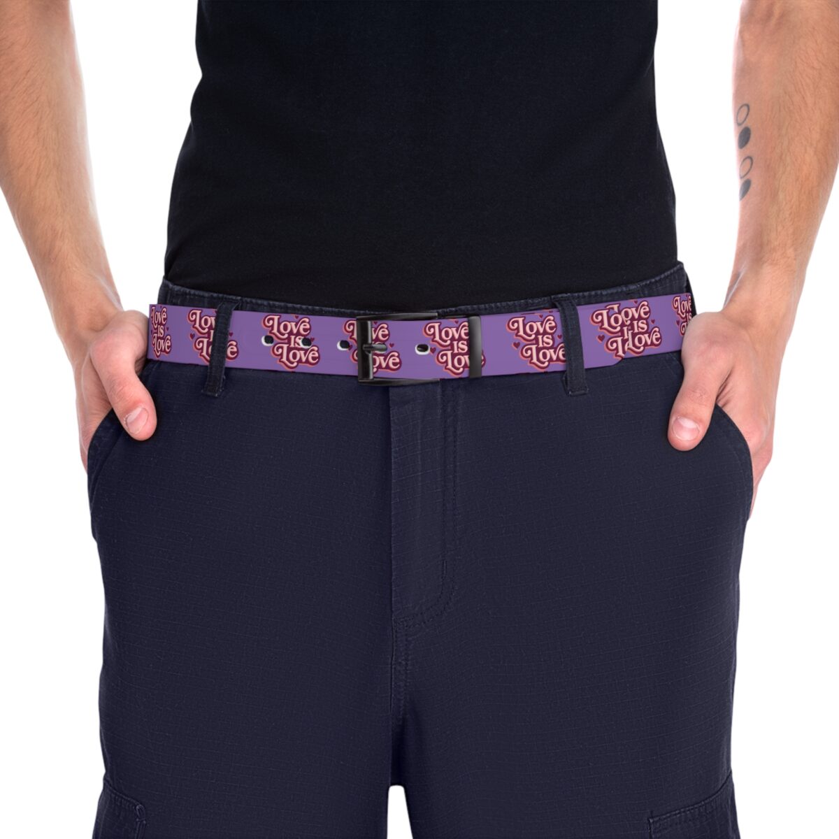 Purple belt with repeating 'Love Is Love' graphic, featuring a seamless wrap around design and LGBT pride theme.