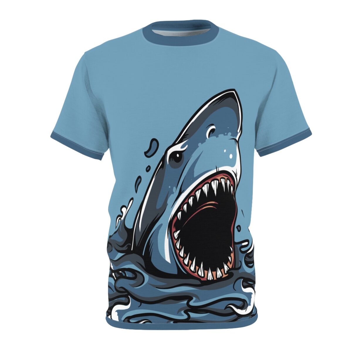 Blue and grey water ripples and splashes cover this graphic streetwear tee, showing a fierce great white shark emerging with its mouth open.