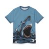 Blue and grey waves and splashes cover this graphic streetwear tee, featuring a fierce great white shark with its mouth open.