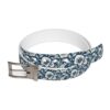 Navy blue belt with a cream floral and leaf pattern, featuring a silver buckle.