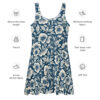 Navy blue fit and flare dress with a cream floral pattern, featuring an all-over print design and above-the-knee length.