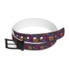 Belt featuring a vibrant all-over print of peace signs, flowers, and hearts on a purple brick background.